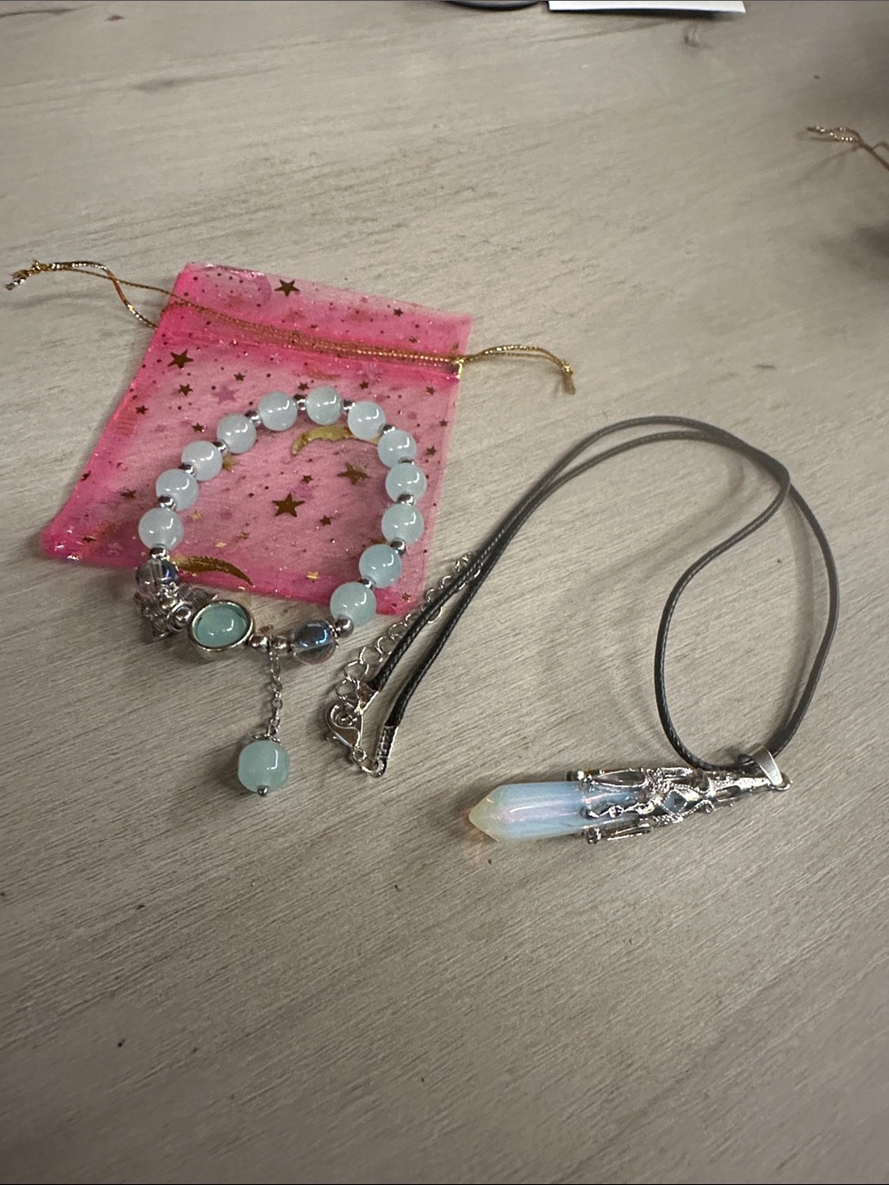 Opalite Pendant Necklace and Beaded Bracelet Set - Light Blue